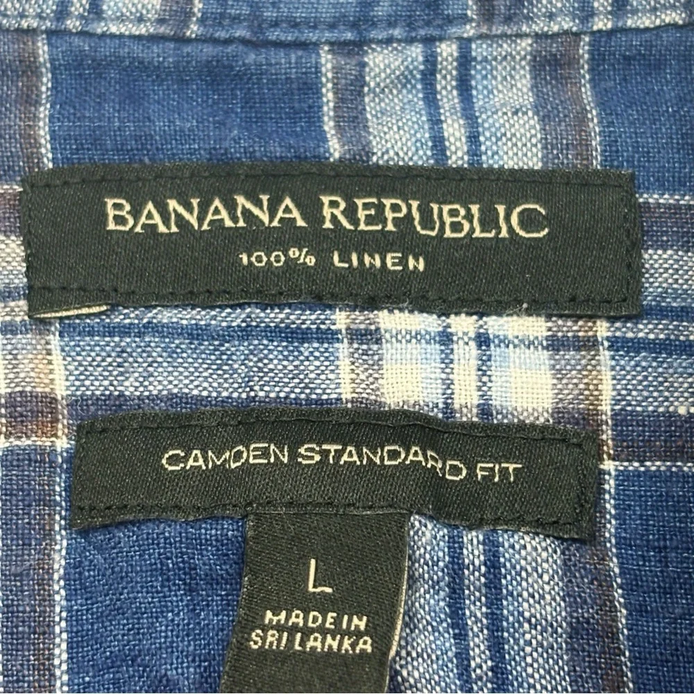 Banana Republic Blue Plaid 100% Linen Camden Standard Fit Shirt Large